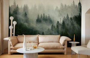 Ever Wallpaper mural of a forest covered in mist behind a modern cream sofa  and a white marble coffee table